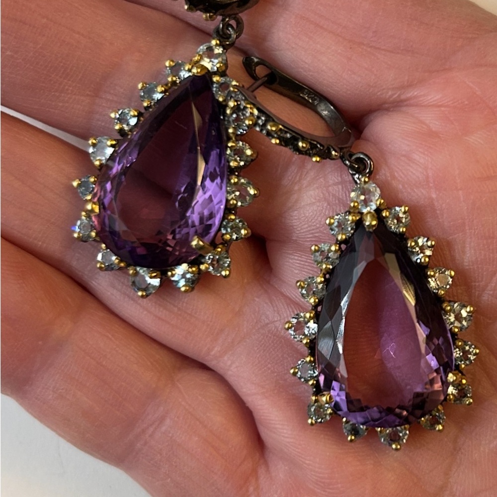 Exceptional Genuine  AAA+ Royal Purple Amethyst & Aquamarine Earrings - Picture 11 of 12